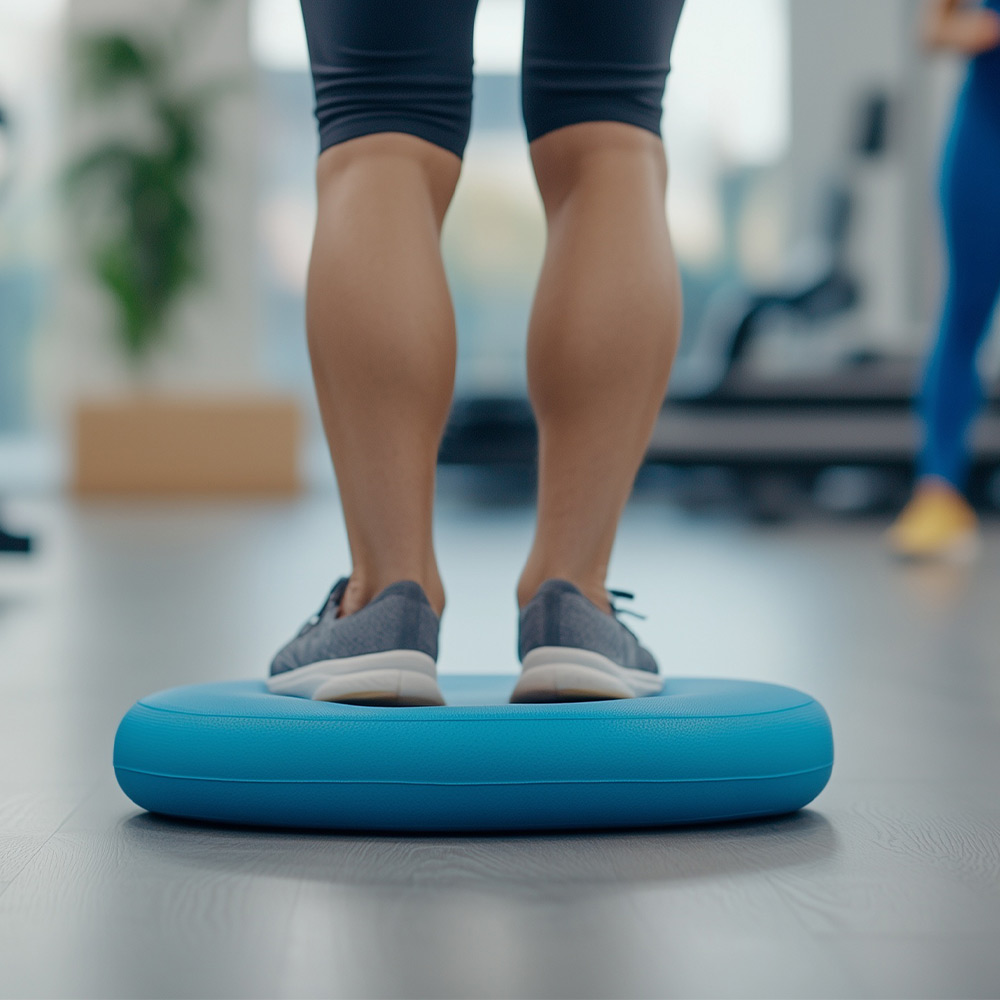 Frau bei Training mit Balance Kissen