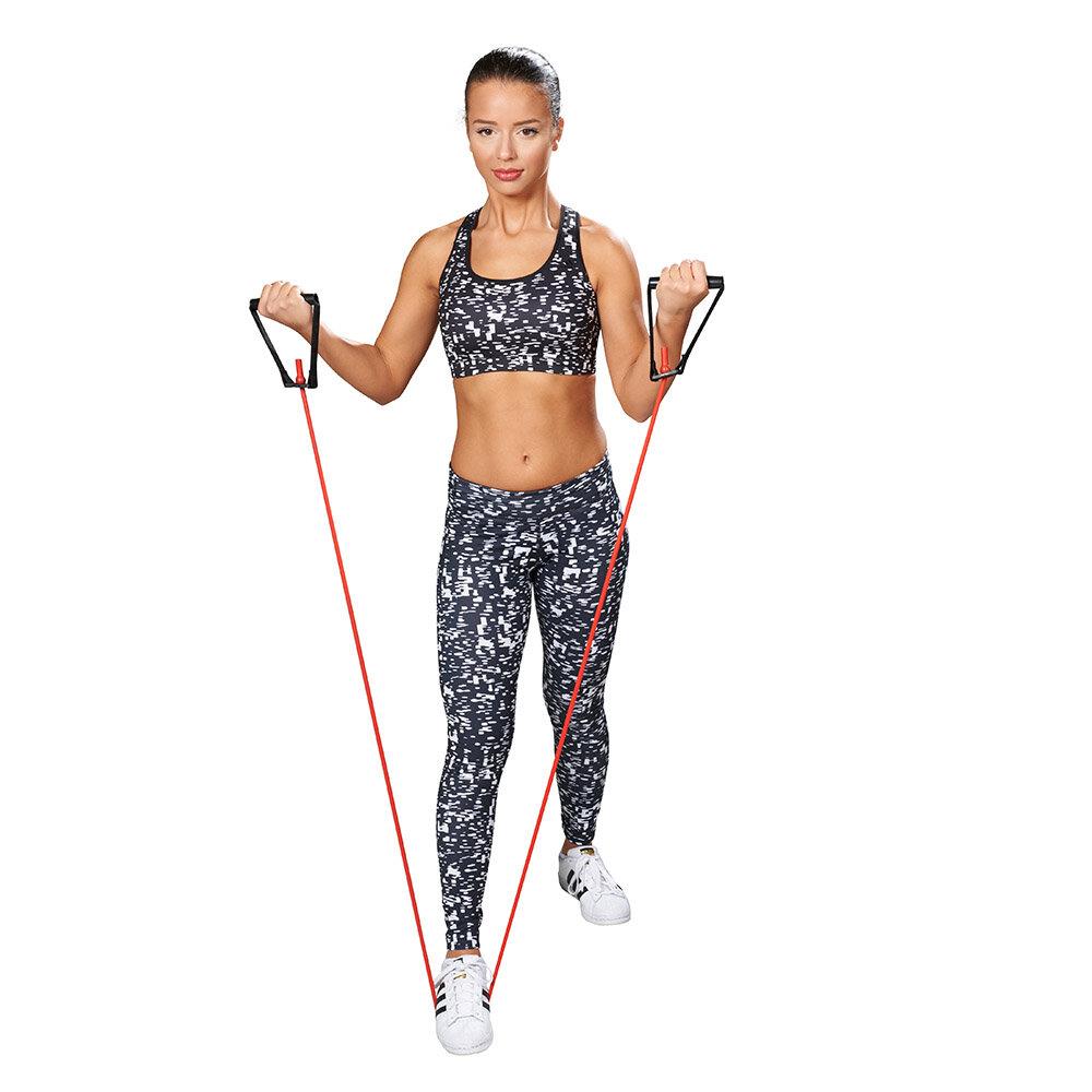 Premium Gym Tube mit Model Biceps Curl Übung